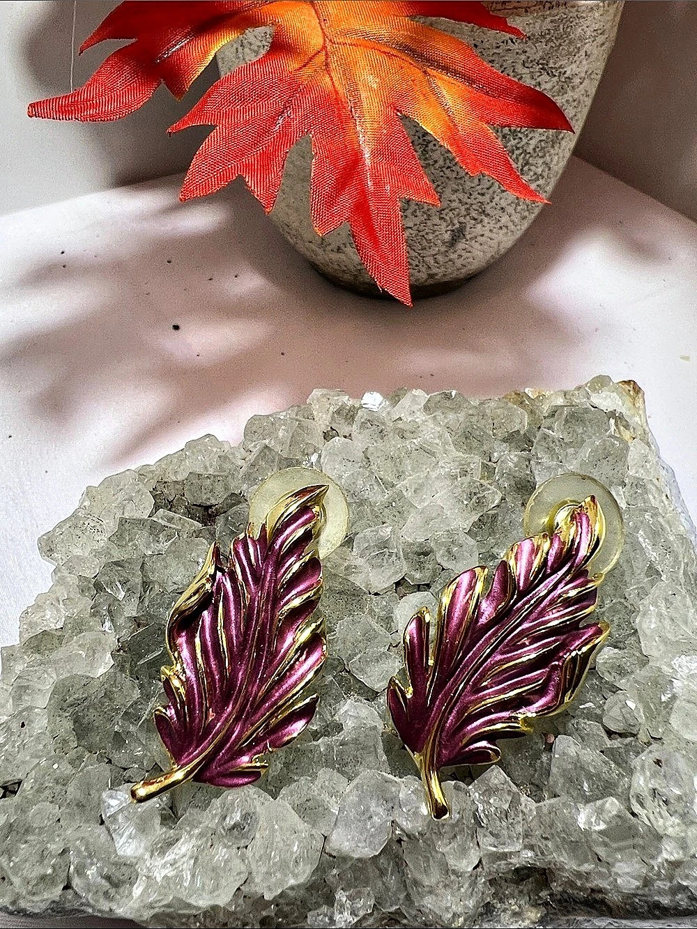 Feather Drop Earrings in Purple & Gold Like New